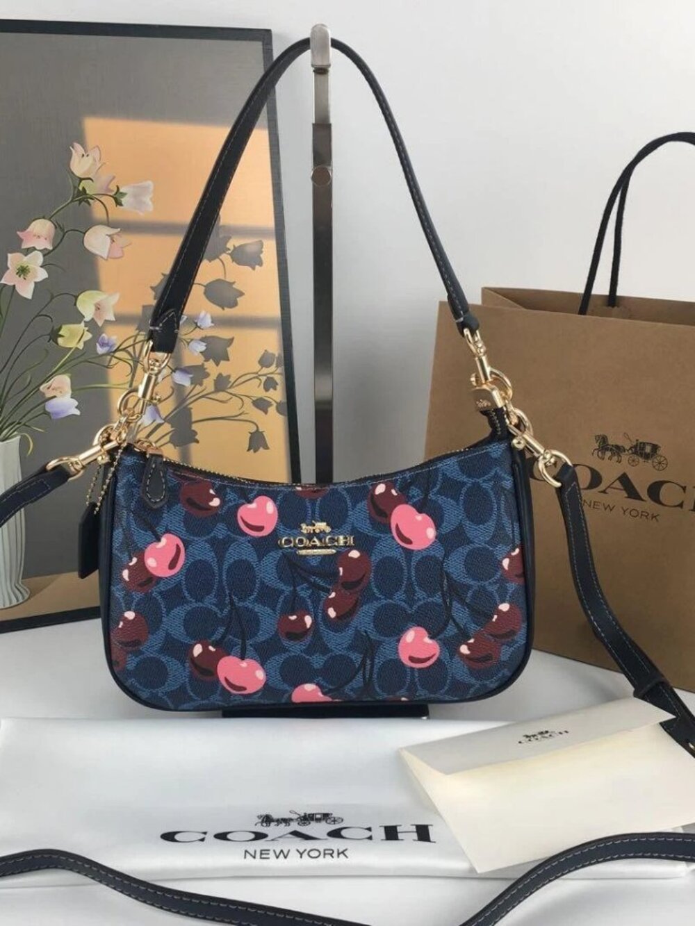 Coach Teri Shoulder/Crossbody Signature Canvas W/ Cherry Print CY694 Denim